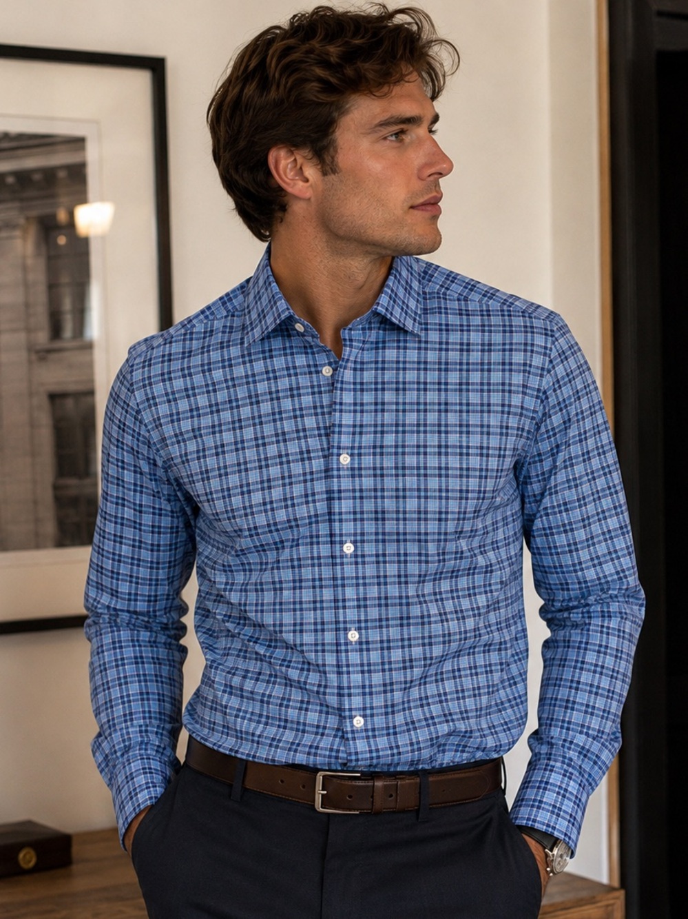 Eton Contemporary Blue Plaid 100% Cotton Dress Shirt 15 / 38 Corporate Luxury